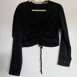 Astr Black Crop Blouse with Ruched Tie Front